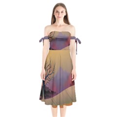 Landscape Illustration Nature Sky Shoulder Tie Bardot Midi Dress