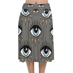 Eyes Pattern Velvet Flared Midi Skirt by Valentinaart