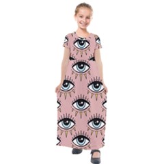 Eyes Pattern Kids  Short Sleeve Maxi Dress