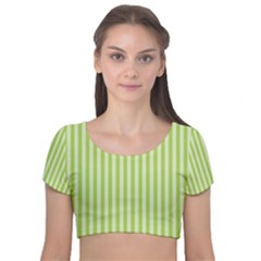 Lime Stripes Velvet Short Sleeve Crop Top 