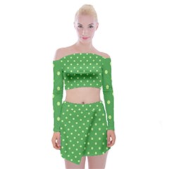 Green Polka Dots Off Shoulder Top With Mini Skirt Set by retrotoomoderndesigns