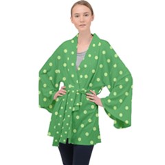 Green Polka Dots Long Sleeve Velvet Kimono  by retrotoomoderndesigns