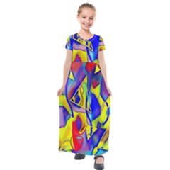 Yellow Triangles Abstract Kids  Short Sleeve Maxi Dress by bloomingvinedesign