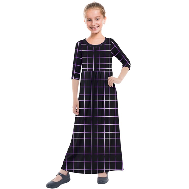 Neon Purple Black Grid Kids  Quarter Sleeve Maxi Dress