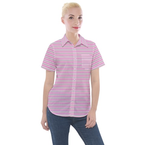 Pink Stripes Horizontal Women s Short Sleeve Pocket Shirt by retrotoomoderndesigns