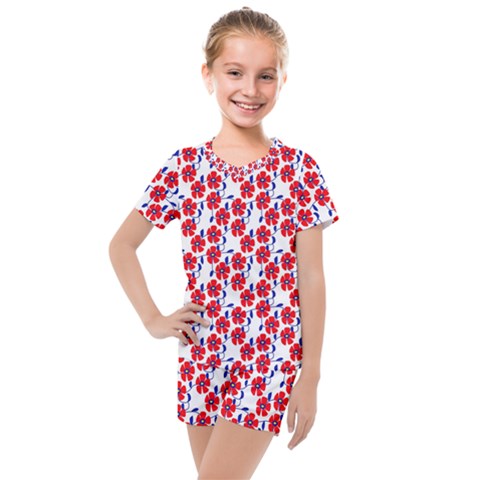 Red Flowers Blue Vines Kids  Mesh Tee And Shorts Set by bloomingvinedesign