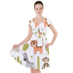 Cute Safari Animals Seamless Pattern Cap Sleeve Midi Dress by Vaneshart