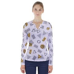 Memphis Seamless Patterns V-Neck Long Sleeve Top