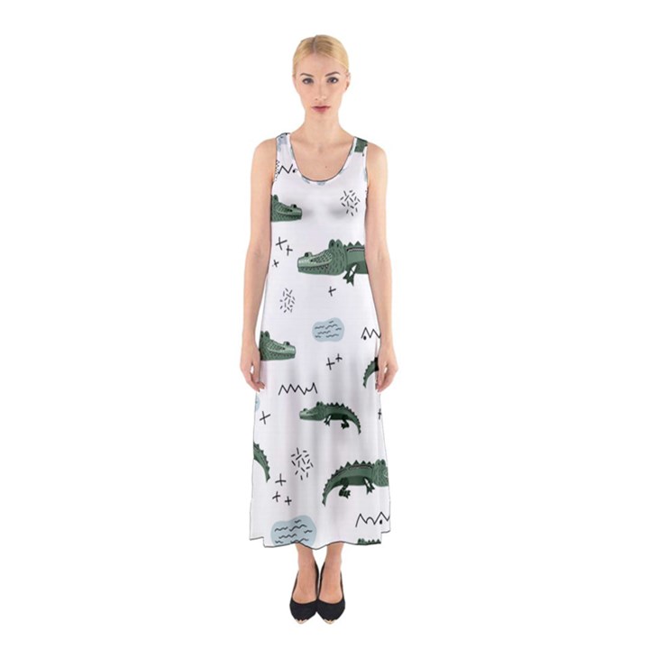 Vector Seamless Pattern With Cute Crocodiles Sleeveless Maxi Dress