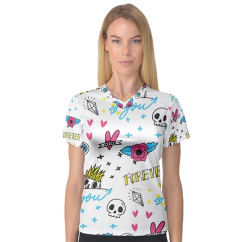 Emo Teens Doodle Seamless V-neck Sport Mesh Tee by Vaneshart