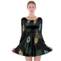 Seamless Pattern With Peacock Feather Long Sleeve Skater Dress by Vaneshart