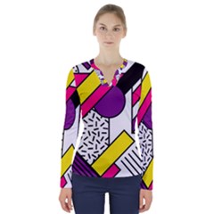 Memphis Colorful Background With Stroke V-neck Long Sleeve Top