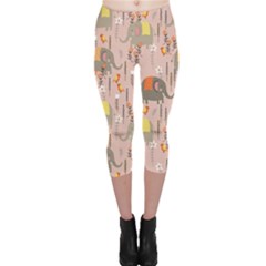 Cute Elephant Wild Flower Field Seamless Pattern Capri Leggings  by Vaneshart