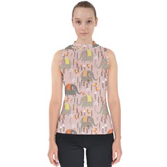 Cute Elephant Wild Flower Field Seamless Pattern Mock Neck Shell Top by Vaneshart