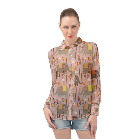 Cute Elephant Wild Flower Field Seamless Pattern Long Sleeve Chiffon Shirt by Vaneshart