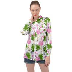 Seamless Pattern With Cute Flamingos Long Sleeve Satin Shirt