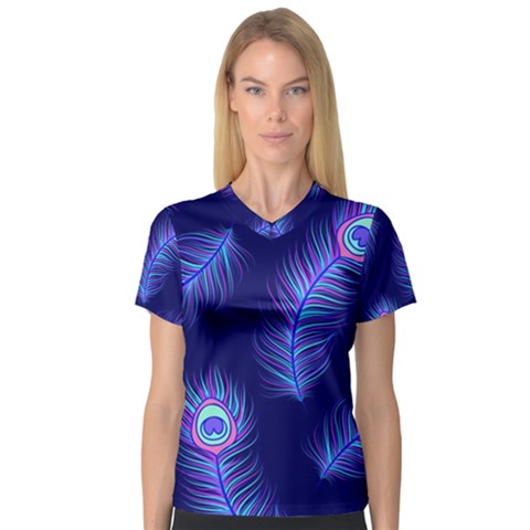 Seamless Pattern With Colorful Peacock Feathers Dark Blue Background V-neck Sport Mesh Tee by Vaneshart