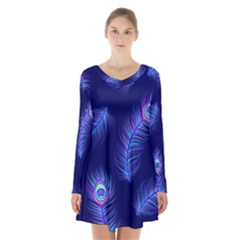 Seamless Pattern With Colorful Peacock Feathers Dark Blue Background Long Sleeve Velvet V-neck Dress