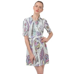 Vector Illustration Seamless Multicolored Pattern Feathers Birds Belted Shirt Dress