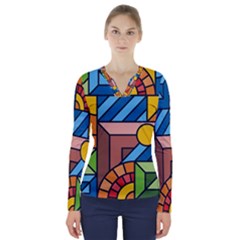 Colorful Geometric Mosaic Background V-neck Long Sleeve Top