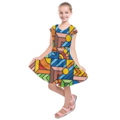 Colorful Geometric Mosaic Background Kids  Short Sleeve Dress