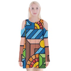 Colorful Geometric Mosaic Background Velvet Long Sleeve Shoulder Cutout Dress