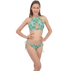 Lovely Peacock Feather Pattern With Flat Design Cross Front Halter Bikini Set by Vaneshart