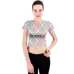Ethnic Seamless Pattern Tribal Line Print African Mexican Indian Style Crew Neck Crop Top by Vaneshart