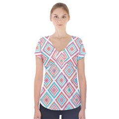 Ethnic Seamless Pattern Tribal Line Print African Mexican Indian Style Short Sleeve Front Detail Top