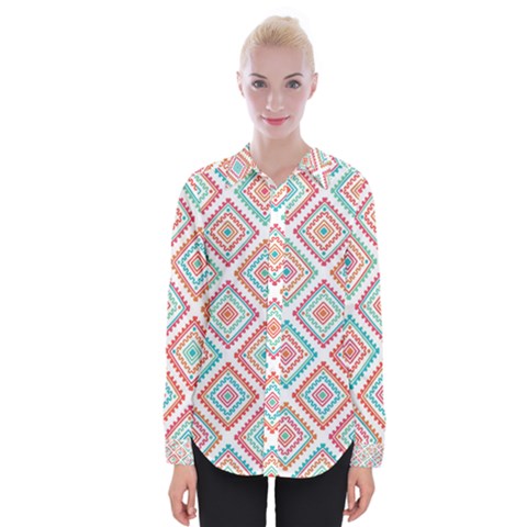 Ethnic Seamless Pattern Tribal Line Print African Mexican Indian Style Womens Long Sleeve Shirt by Vaneshart