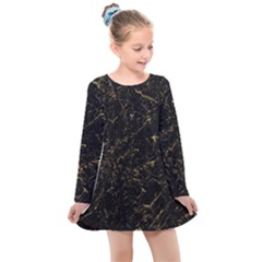 Black Marbled Surface Kids  Long Sleeve Dress by Vaneshart