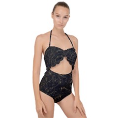 Black Marbled Surface Scallop Top Cut Out Swimsuit by Vaneshart