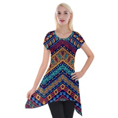 Full Color Pattern With Ethnic Ornaments Short Sleeve Side Drop Tunic