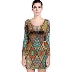 Colorful Vintage Seamless Pattern With Floral Mandala Elements Hand Drawn Background Long Sleeve Velvet Bodycon Dress