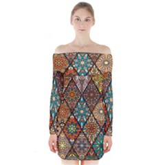 Colorful Vintage Seamless Pattern With Floral Mandala Elements Hand Drawn Background Long Sleeve Off Shoulder Dress