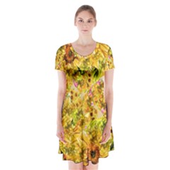 Orange Yellow Sunflowers Short Sleeve V-neck Flare Dress by retrotoomoderndesigns