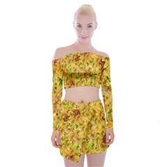 Orange Yellow Sunflowers Off Shoulder Top With Mini Skirt Set by retrotoomoderndesigns