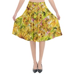 Orange Yellow Sunflowers Flared Midi Skirt by retrotoomoderndesigns