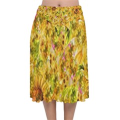 Orange Yellow Sunflowers Velvet Flared Midi Skirt by retrotoomoderndesigns