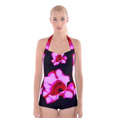 Pink And Red Tulip Boyleg Halter Swimsuit  by okhismakingart