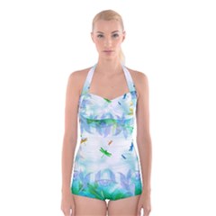 Scrapbooking Tropical Pattern Boyleg Halter Swimsuit  by HermanTelo