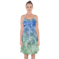 Water Blue Transparent Crystal Ruffle Detail Chiffon Dress