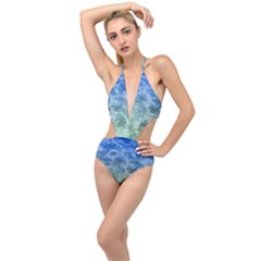 Water Blue Transparent Crystal Plunging Cut Out Swimsuit