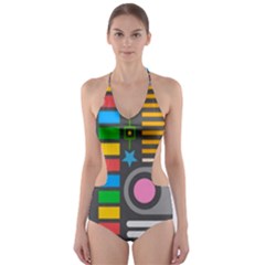 Pattern Geometric Abstract Colorful Arrows Lines Circles Triangles Cut-out One Piece Swimsuit by Vaneshart