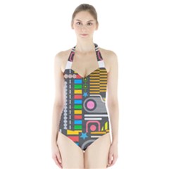 Pattern Geometric Abstract Colorful Arrows Lines Circles Triangles Halter Swimsuit by Vaneshart