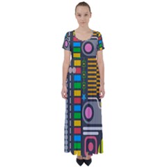Pattern Geometric Abstract Colorful Arrows Lines Circles Triangles High Waist Short Sleeve Maxi Dress by Vaneshart