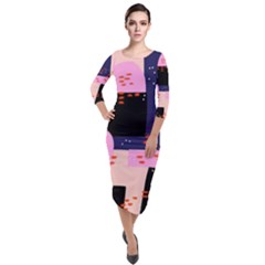 Vibrant Tropical Dot Patterns Quarter Sleeve Midi Velour Bodycon Dress