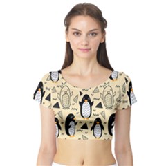 Hand Drawn Penguin Doodle Pattern Short Sleeve Crop Top