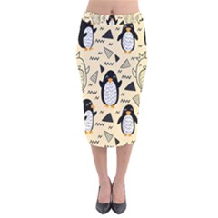 Hand Drawn Penguin Doodle Pattern Velvet Midi Pencil Skirt