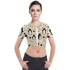 Hand Drawn Penguin Doodle Pattern Short Sleeve Cropped Jacket by Vaneshart